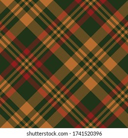 Tartan Scotland plaid pattern. Seamless woven check plaid graphic in dark green, red, and orange for scarf, blanket, throw, duvet cover, or other modern autumn winter fabric design.