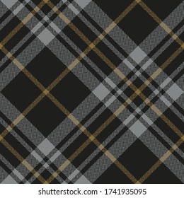 Tartan Scotland plaid pattern. Seamless diagonal dark herringbone check plaid graphic in grey and gold for scarf, flannel shirt, blanket, throw, or other modern winter fabric design.