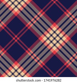 Tartan Scotland plaid pattern. Seamless diagonal check plaid in navy blue, red, beige for scarf, blanket, tablecloth, or other modern winter fabric design. Herringbone woven texture.