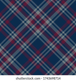 Tartan Scotland plaid pattern. Seamless multicolored diagonal check plaid in dark blue, red, grey for flannel shirt, blanket, throw, duvet cover, or other modern autumn winter textile design.