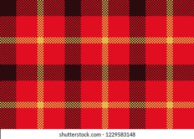 Tartan Scottish plaid material pattern texture design. Red-black-yellow pattern with intersecting lines.