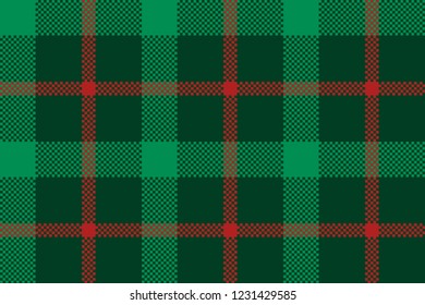 Tartan Scottish plaid material pattern texture design. Green with red pattern with intersecting lines.