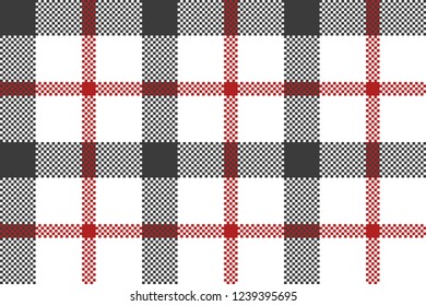 Tartan Scottish plaid material pattern texture design. Black-white pattern with intersecting red lines.