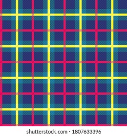 Tartan Scottish seamless pattern in blue and turquoise colors with bright pink and yellow lines, texture for flannel shirt, plaid, tablecloths, clothes, blankets and other textile