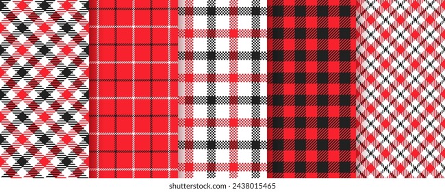 Tartan seamless background. Gingham red black pattern. Checkered buffalo texture. Set plaid table cloth prints. Picnic tablecloth. Kitchen napkin textile. Abstract Geometric cloth. Vector illustration