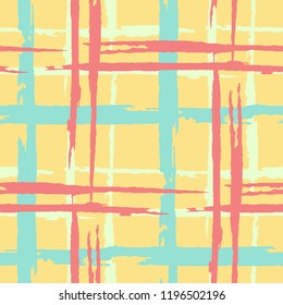 Tartan. Seamless Background with Stripes. Abstract Texture with Horizontal and Vertical Dry Brush Strokes. Scribbled Grunge Motif for Dress, Curtain, Paper. Irish Ornament. Vector Texture.