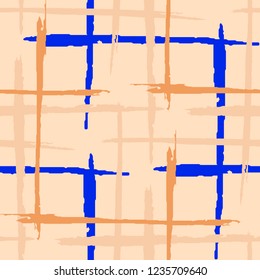 Tartan. Seamless Background with Stripes. Abstract Texture with Horizontal and Vertical Brush Strokes. Scribbled Grunge Motif for Fabric, Cloth, Textile. Irish Ornament. Vector Texture.