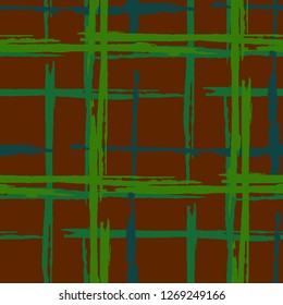Tartan. Seamless Background with Stripes. Abstract Texture with Horizontal and Vertical Dry Brush Strokes. Scribbled Grunge Motif for Fabric, Cloth, Textile. Scottish Ornament. Vector Texture.