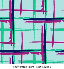 Tartan. Seamless Background with Stripes. Abstract Texture with Horizontal and Vertical Dry Brush Strokes. Scribbled Grunge Pattern for Print, Fabric, Textile. Scottish Ornament. Vector Texture.