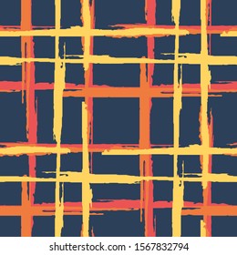 Tartan. Seamless Background with Stripes. Abstract Texture with Horizontal and Vertical Dry Brush Strokes. Scribbled Grunge Motif for Chintz, Curtain, Paper. Scottich Ornament. Vector Texture.