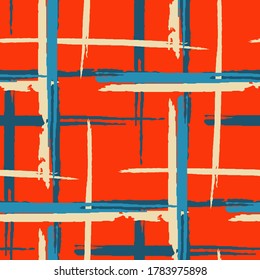 Tartan. Seamless Background with Stripes. Abstract Texture with Horizontal and Vertical Brush Strokes. Scribbled Grunge Pattern for Linen, Paper, Tablecloth. Irish Ornament. Vector Texture.