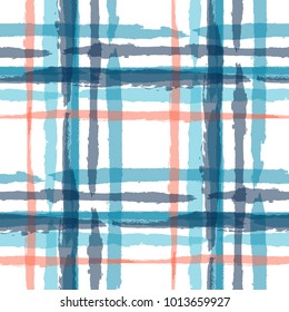 Tartan. Seamless Grunge Background with Hand Painted Crossing Brush Strokes for Wrapping Paper, Linen, Sportswear. Rustic Check Texture. Vector Seamless Tartan.