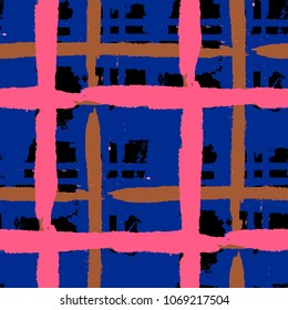 Tartan. Seamless Grunge Background with Hand Painted Crossing Brush Strokes for Wallpaper, Linen, Sportswear. Rustic Check Texture. Vector Seamless Plaid. Scottish 
Ornament