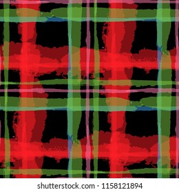 Tartan. Seamless Grunge Background with Hand Painted Crossing Lines for Wrapping Paper, Linen, Sportswear. Rustic Check Texture. Vector Seamless Plaid. Scottish Ornament