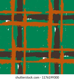 Tartan. Seamless Grunge Background with Hand Painted Crossing Stripes for Print, Upholstery, Textile. Rustic Check Texture. Vector Seamless Tartan.