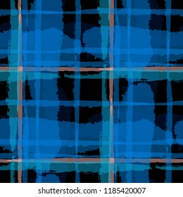 Tartan. Seamless Grunge Background with Hand Painted Crossing Stripes for Swimwear, Upholstery, Textile. Rustic Check Texture. Vector Seamless Kilt Texture. Scottish Ornament