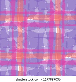 Tartan. Seamless Grunge Background with Hand Painted Crossing Stripes for Swimwear, Upholstery, Textile. Rustic Check Texture. Vector Seamless Tartan.