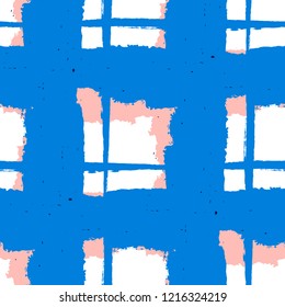 Tartan. Seamless Grunge Background with Hand Painted Crossing Brush Strokes for Wallpaper, Linen, Cloth. Rustic Check Texture. Vector Seamless Plaid Texture.