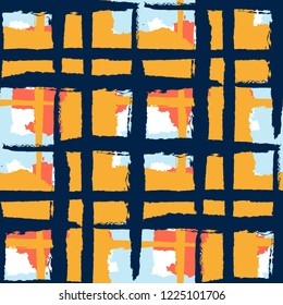 Tartan. Seamless Grunge Background with Hand Painted Crossing Lines for Swimwear, Upholstery, Textile. Rustic Check Texture. Vector Seamless Plaid Texture.