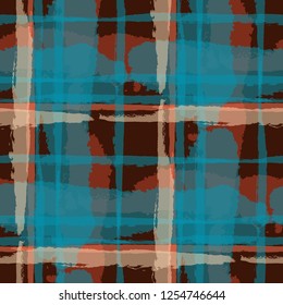 Tartan. Seamless Grunge Background with Hand Painted Crossing Brush Strokes for Print, Upholstery, Textile. Rustic Check Texture. Vector Seamless Plaid. Scottish Ornament