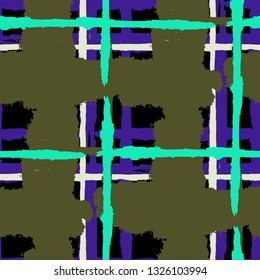 Tartan. Seamless Grunge Background with Hand Painted Crossing Stripes for Wallpaper, Linen, Sportswear. Rustic Check Texture. Vector Seamless Plaid Texture.