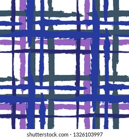 Tartan. Seamless Grunge Background with Hand Painted Crossing Stripes for Wallpaper, Linen, Sportswear. Rustic Check Texture. Vector Seamless Tartan.