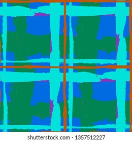 Tartan. Seamless Grunge Background with Hand Painted Crossing Brush Strokes for Swimwear, Fabric, Textile. Rustic Check Texture. Vector Seamless Plaid. Scottish Ornament