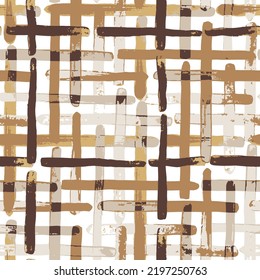 Tartan. Seamless Grunge  Brown Background With Hand Painted Crossing Stripes For Wallpaper, Linen, Sportswear. Rustic Check Texture. Vector Seamless Kilt Texture. Scottish Ornament