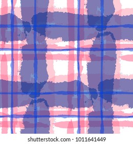 Tartan. Seamless Grunge Pattern with Hand Painted Crossing Lines for Swimwear, Upholstery, Textile. Rustic Check Texture. Vector Seamless Kilt Texture.