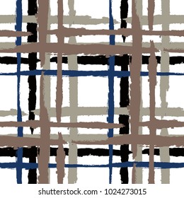 Tartan. Seamless Grunge Pattern with Hand Painted Crossing Stripes for Wallpaper, Linen, Sportswear. Rustic Check Texture. Vector Seamless Plaid Texture.