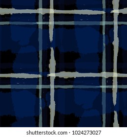 Tartan. Seamless Grunge Pattern with Hand Painted Crossing Brush Strokes for Print, Linen, Cloth. Rustic Check Texture. Vector Seamless Plaid Texture.