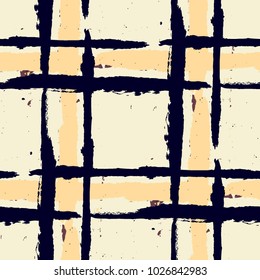 Tartan. Seamless Grunge Pattern with Hand Painted Crossing Stripes for Wallpaper, Linen, Sportswear. Rustic Check Texture. Vector Seamless Kilt Texture.