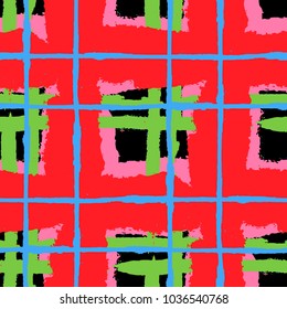 Tartan. Seamless Grunge Pattern with Hand Painted Crossing Brush Strokes for Wallpaper, Linen, Sportswear. Rustic Check Texture. Vector Seamless Plaid Texture.
