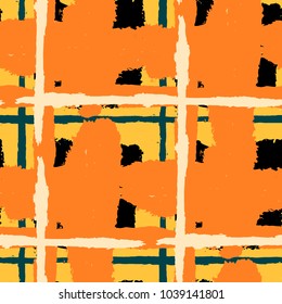 Tartan. Seamless Grunge Pattern with Hand Painted Crossing Lines for Wallpaper, Linen, Sportswear. Rustic Check Texture. Vector Seamless Tartan. Scottish 
Ornament