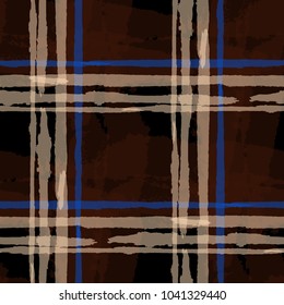 Tartan. Seamless Grunge Pattern with Hand Painted Crossing Stripes for Wallpaper, Linen, Cloth. Rustic Check Texture. Vector Seamless Kilt Texture. Scottish Ornament