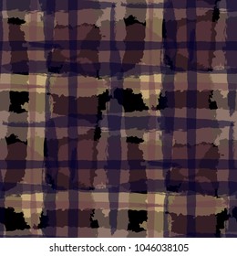 Tartan. Seamless Grunge Pattern with Hand Painted Crossing Brush Strokes for Print, Upholstery, Textile. Rustic Check Texture. Vector Seamless Kilt Texture.