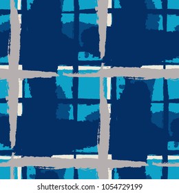 Tartan. Seamless Grunge Pattern with Hand Painted Crossing Lines for Wrapping Paper, Linen, Sportswear. Rustic Check Texture. Vector Seamless Kilt Texture.