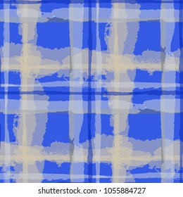 Tartan. Seamless Grunge Pattern with Hand Painted Crossing Brush Strokes for Swimwear, Fabric, Textile. Rustic Check Texture. Vector Seamless Tartan.