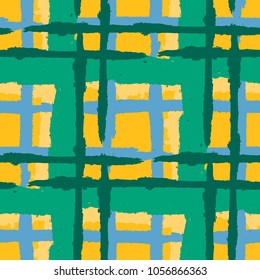 Tartan. Seamless Grunge Pattern with Hand Painted Crossing Brush Strokes for Swimwear, Fabric, Textile. Rustic Check Texture. Vector Seamless Tartan. Scottish 
Ornament