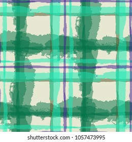Tartan. Seamless Grunge Pattern with Hand Painted Crossing Lines for Swimwear, Fabric, Textile. Rustic Check Texture. Vector Seamless Plaid. Scottish 
Ornament