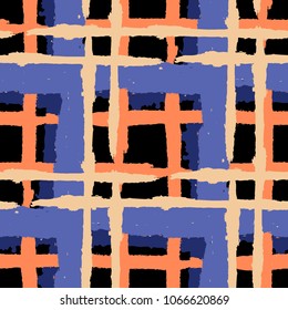 Tartan. Seamless Grunge Pattern with Hand Painted Crossing Stripes for Print, Upholstery, Textile. Rustic Check Texture. Vector Seamless Kilt Texture.