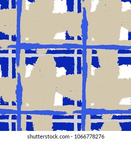 Tartan. Seamless Grunge Pattern with Hand Painted Crossing Lines for Swimwear, Fabric, Textile. Rustic Check Texture. Vector Seamless Plaid Texture.