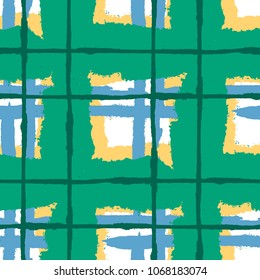 Tartan. Seamless Grunge Pattern with Hand Painted Crossing Lines for Print, Upholstery, Textile. Rustic Check Texture. Vector Seamless Plaid. Scottish 
Ornament