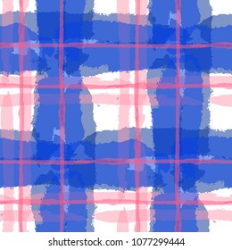 Tartan. Seamless Grunge Pattern with Hand Painted Crossing Stripes for Wallpaper, Linen, Sportswear. Rustic Check Texture. Vector Seamless Plaid Texture.