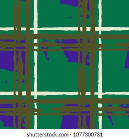 Tartan. Seamless Grunge Pattern with Hand Painted Crossing Stripes for Print, Linen, Cloth. Rustic Check Texture. Vector Seamless Plaid Texture.
