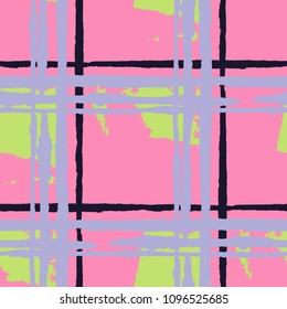 Tartan. Seamless Grunge Pattern with Hand Painted Crossing Brush Strokes for Print, Upholstery, Textile. Rustic Check Texture. Vector Seamless Kilt Texture.