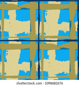 Tartan. Seamless Grunge Pattern with Hand Painted Crossing Stripes for Swimwear, Upholstery, Textile. Rustic Check Texture. Vector Seamless Kilt Texture.