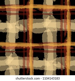 Tartan. Seamless Grunge Pattern with Hand Painted Crossing Stripes for Wallpaper, Linen, Sportswear. Rustic Check Texture. Vector Seamless Kilt Texture.