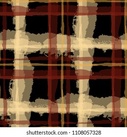 Tartan. Seamless Grunge Pattern with Hand Painted Crossing Brush Strokes for Wrapping Paper, Linen, Sportswear. Rustic Check Texture. Vector Seamless Plaid. Scottish 
Ornament