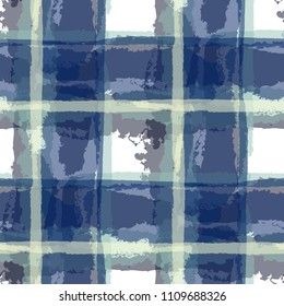 Tartan. Seamless Grunge Pattern with Hand Painted Crossing Stripes for Swimwear, Upholstery, Textile. Rustic Check Texture. Vector Seamless Tartan. Scottish Ornament